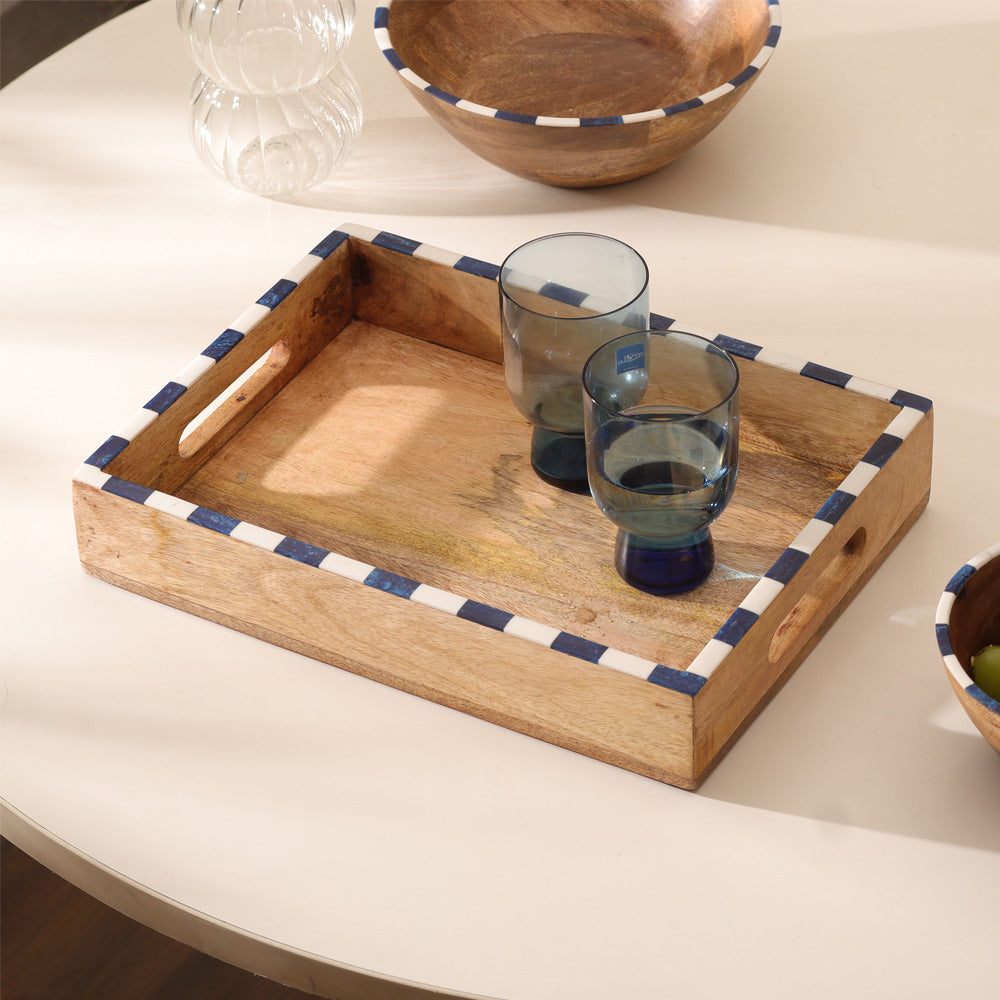 Tulum Mango Wood Striped Serving Tray Medium - Blue White