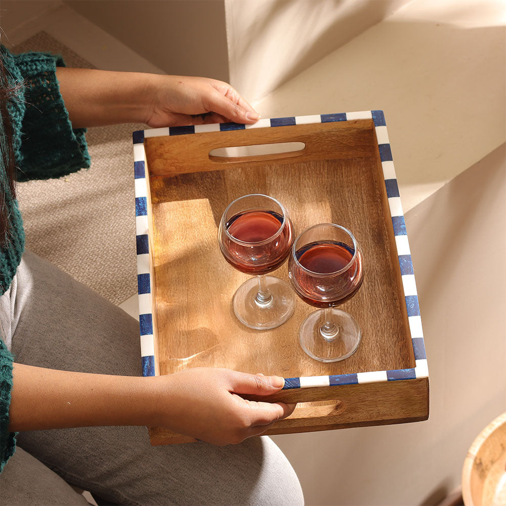 Tulum Mango Wood Striped Serving Tray Medium - Blue White