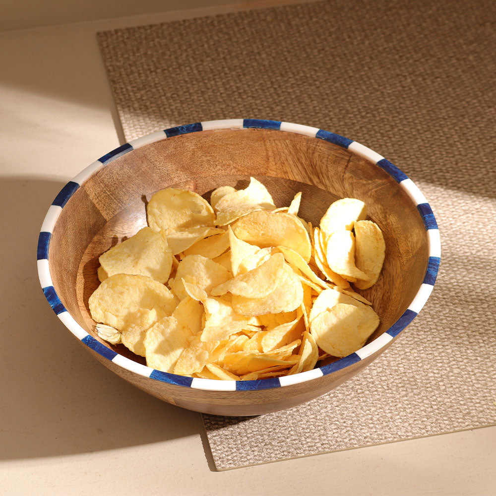 Tulum Mango Wood Striped Bowl Large - Blue White