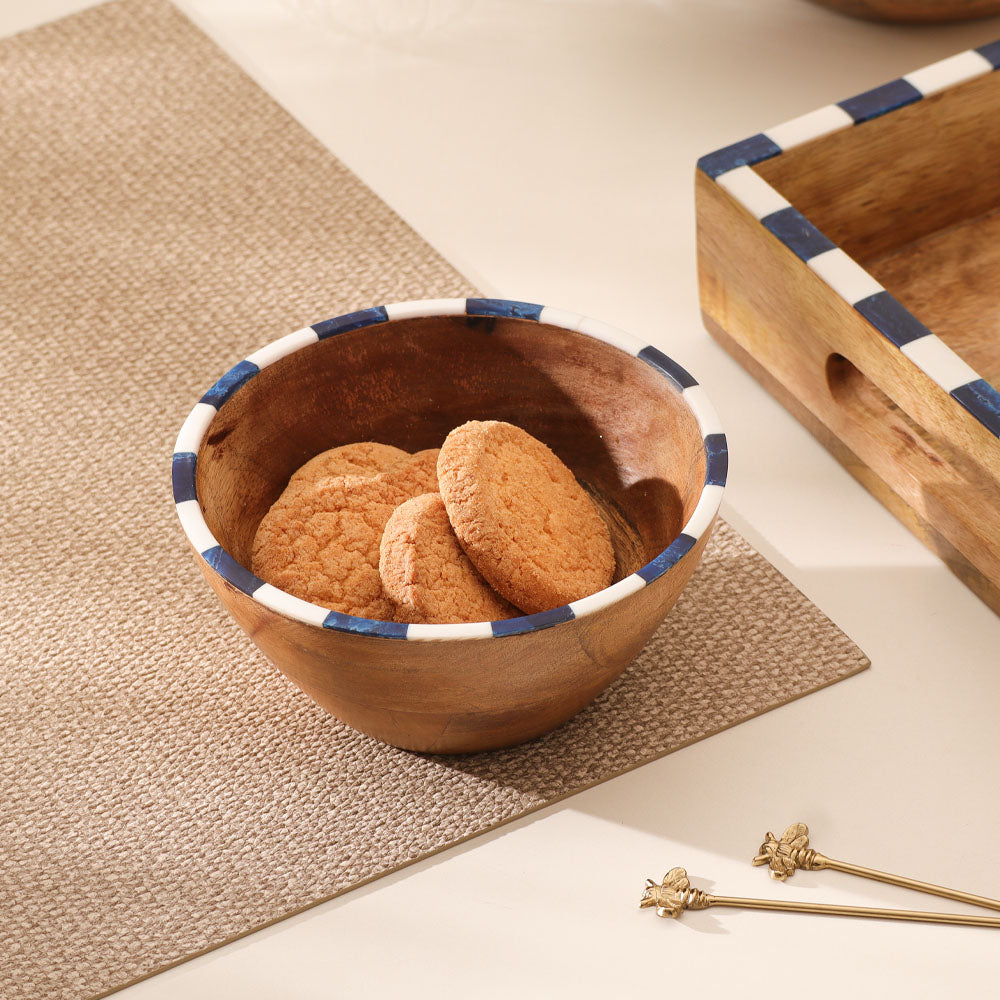 Tulum Mango Wood Striped Bowl Medium - Blue White