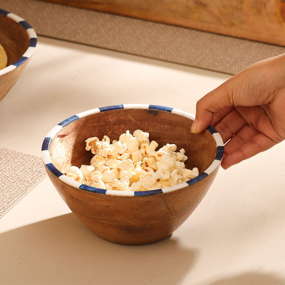 Tulum Mango Wood Striped Bowl Medium - Blue White