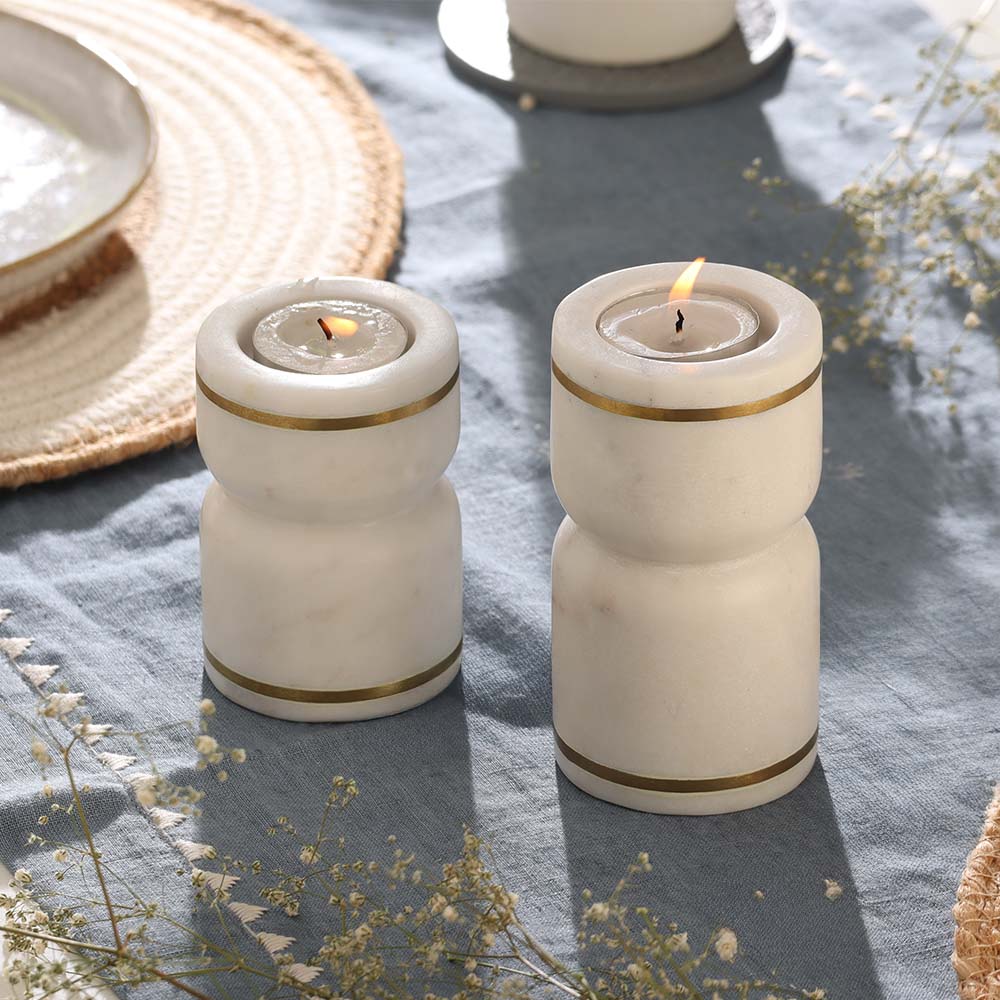 Tarsie Marble Tealight Holders, Set of 2 - White Gold