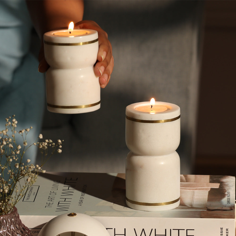 Tarsie Marble Tealight Holders, Set of 2 - White Gold