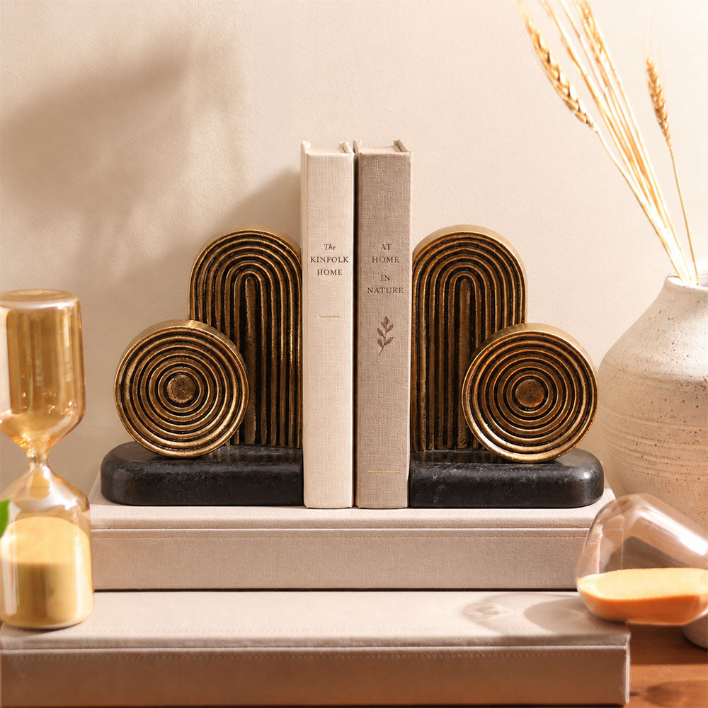 Terrato Metal & Marble Bookends, Set of 2 - Gold Black