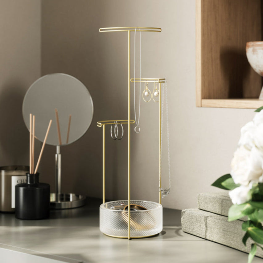 Tesora Jewellery Stand with Glass Bowl - Brass