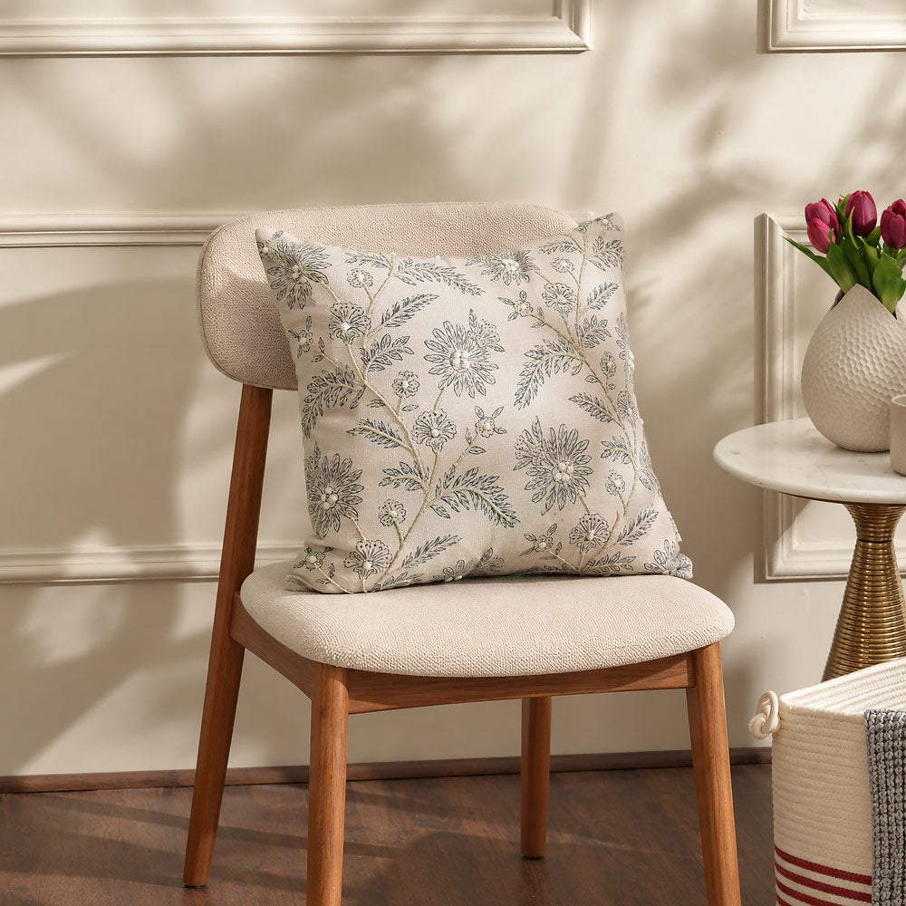 Thistle Embroidered Cushion Cover 45x45cm - Tan Blue