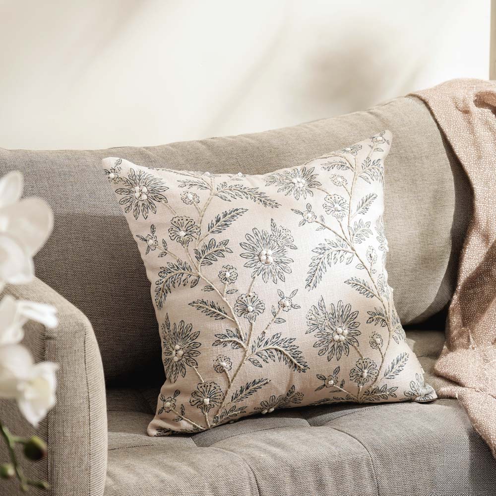 Thistle Embroidered Cushion Cover 45x45cm - Tan Blue