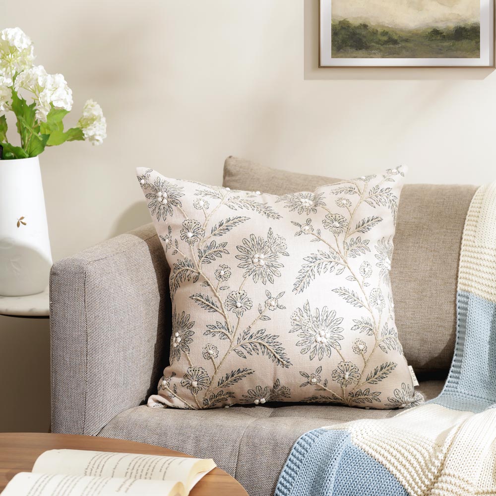 Thistle Embroidered Cushion Cover 45x45cm - Tan Blue