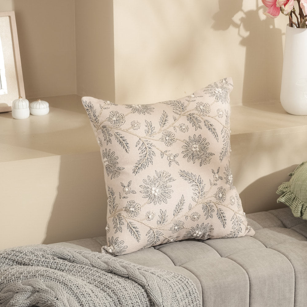 Thistle Embroidered Cushion Cover 45x45cm - Tan Blue