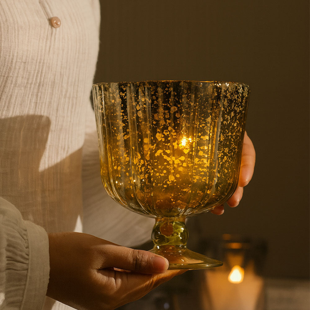 Sparkle Glass Lantern Hurricane Large - Tarnished Gold