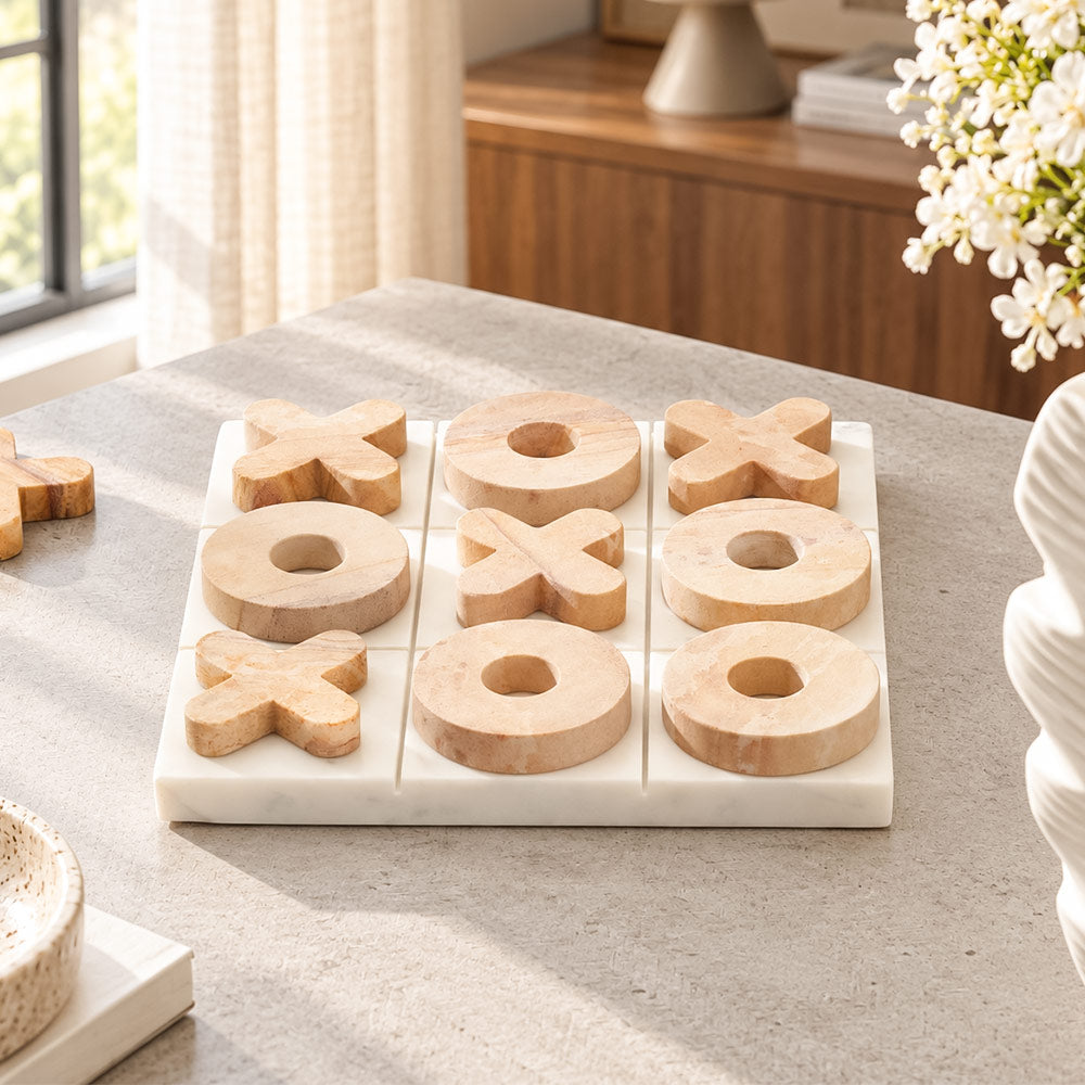 Tic-Tac-Toe Marble Tabletop Game - White Tan