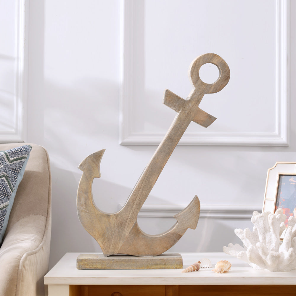 Tilted Anchor Mango Wood Sculpture Large - Vintage Grey