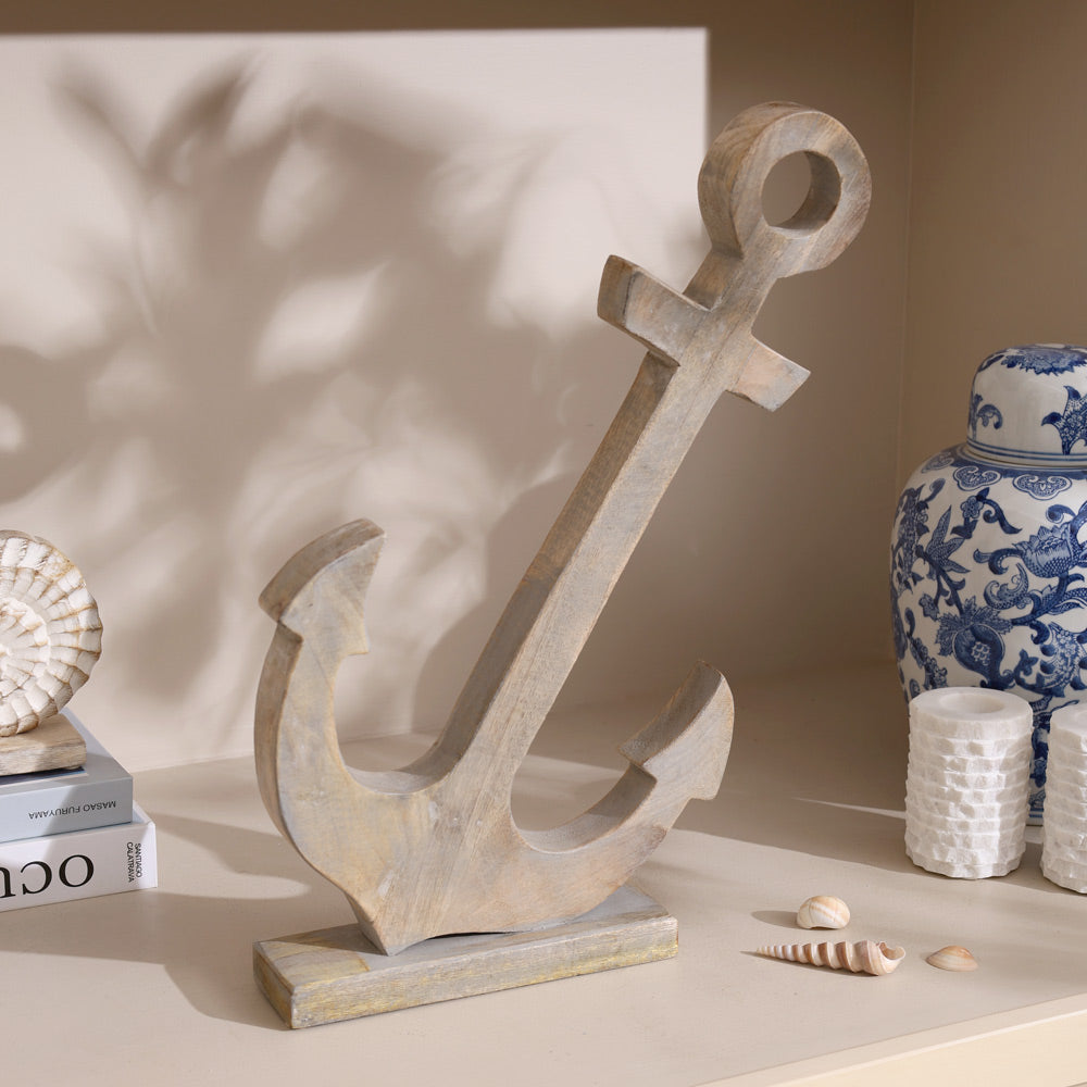 Tilted Anchor Mango Wood Sculpture Large - Vintage Grey