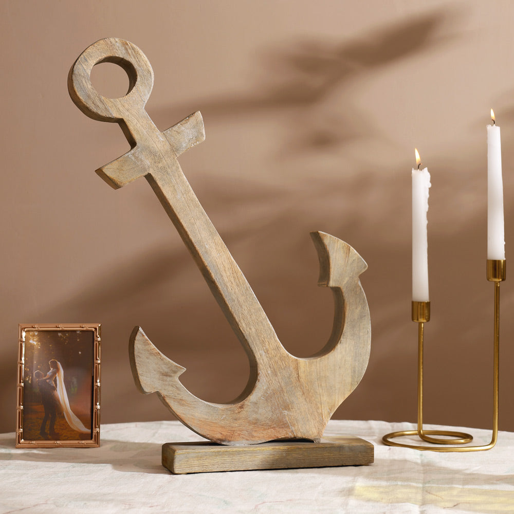 Tilted Anchor Mango Wood Sculpture Large - Vintage Grey