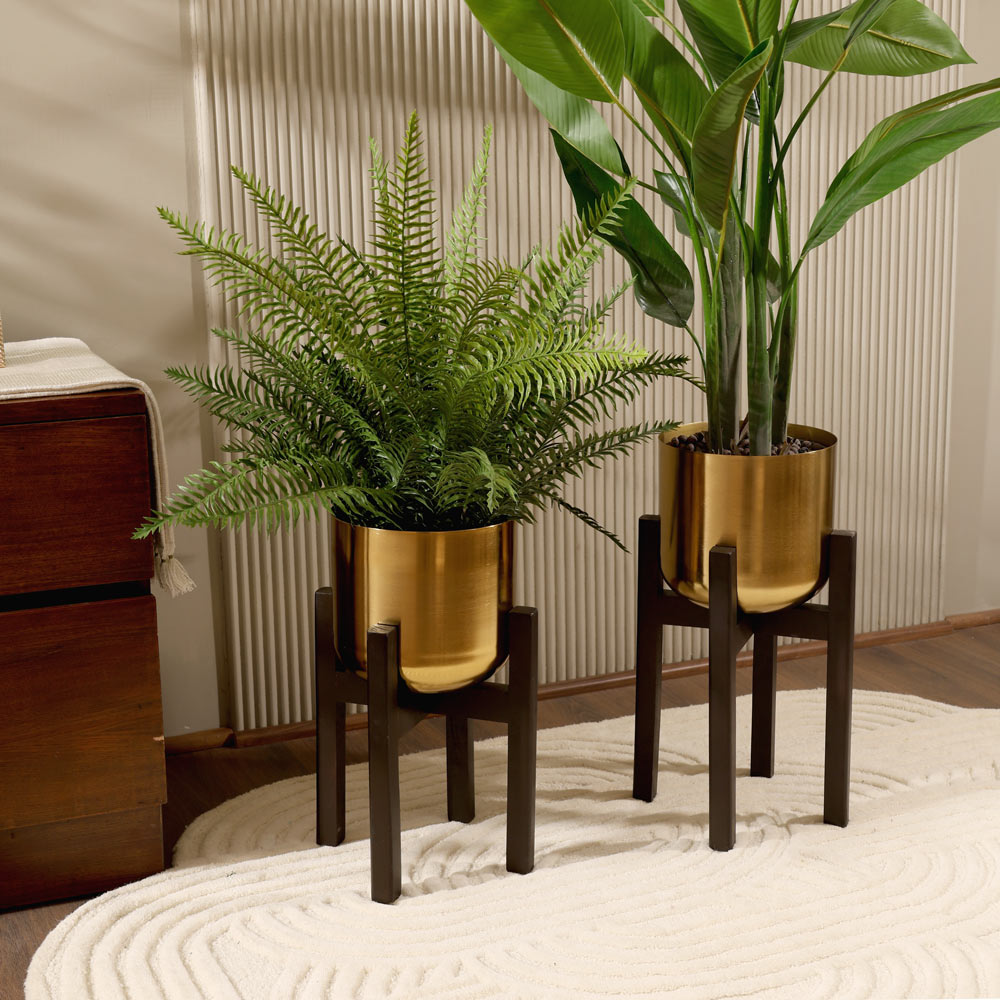 Torte Wooden Planters with Stands, Set of 2 - Gold