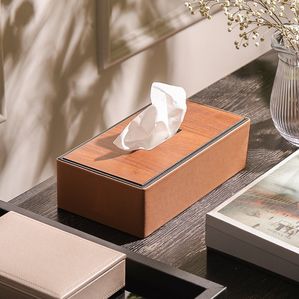 Tavo Tissue Box Holder - Tan Wood