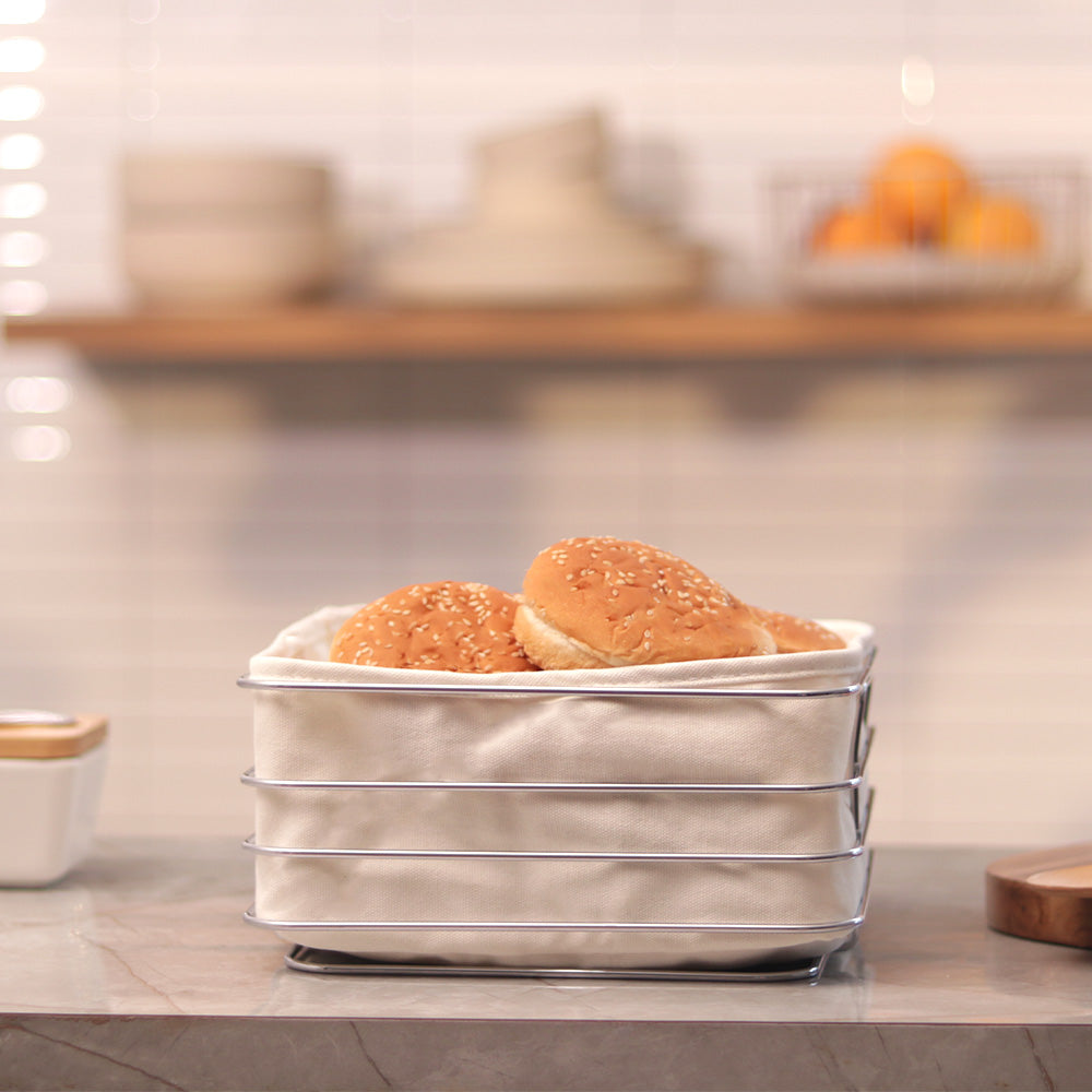 Trace Square Bread Basket with Lining Medium - Silver