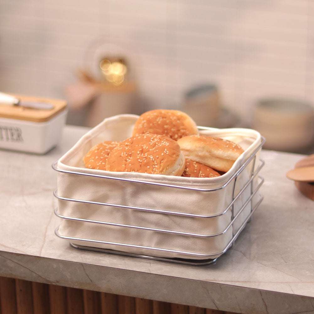 Trace Square Bread Basket with Lining Medium - Silver