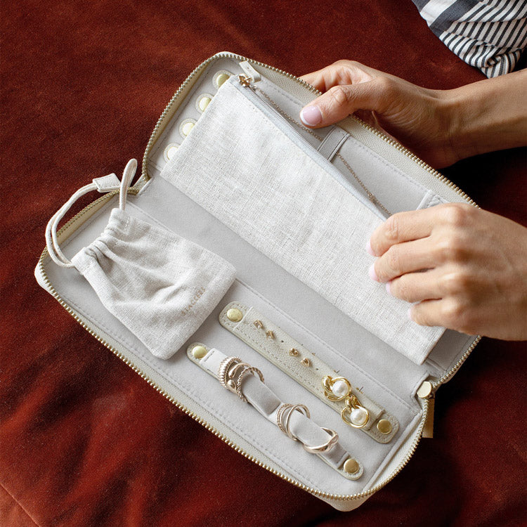 Travel Jewellery Roll Medium - Linen & Oatmeal