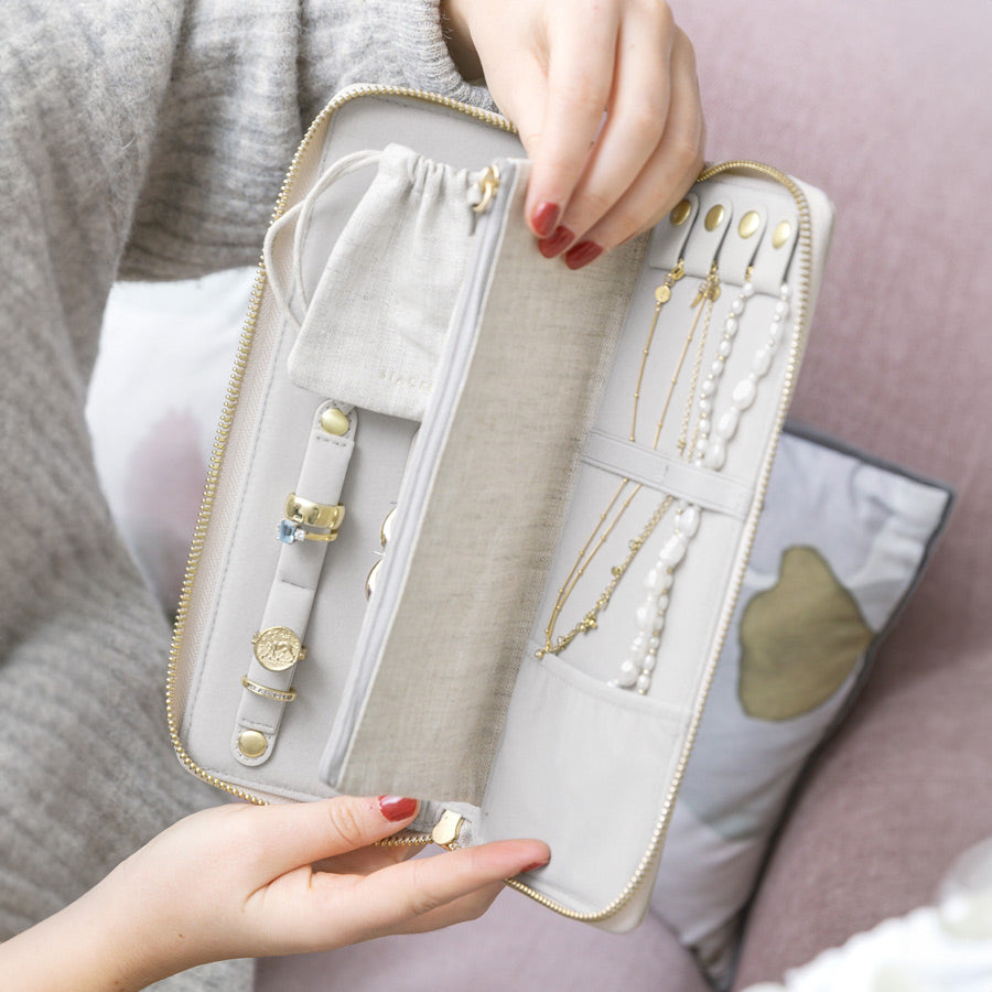 Travel Jewellery Roll Medium - Linen & Oatmeal