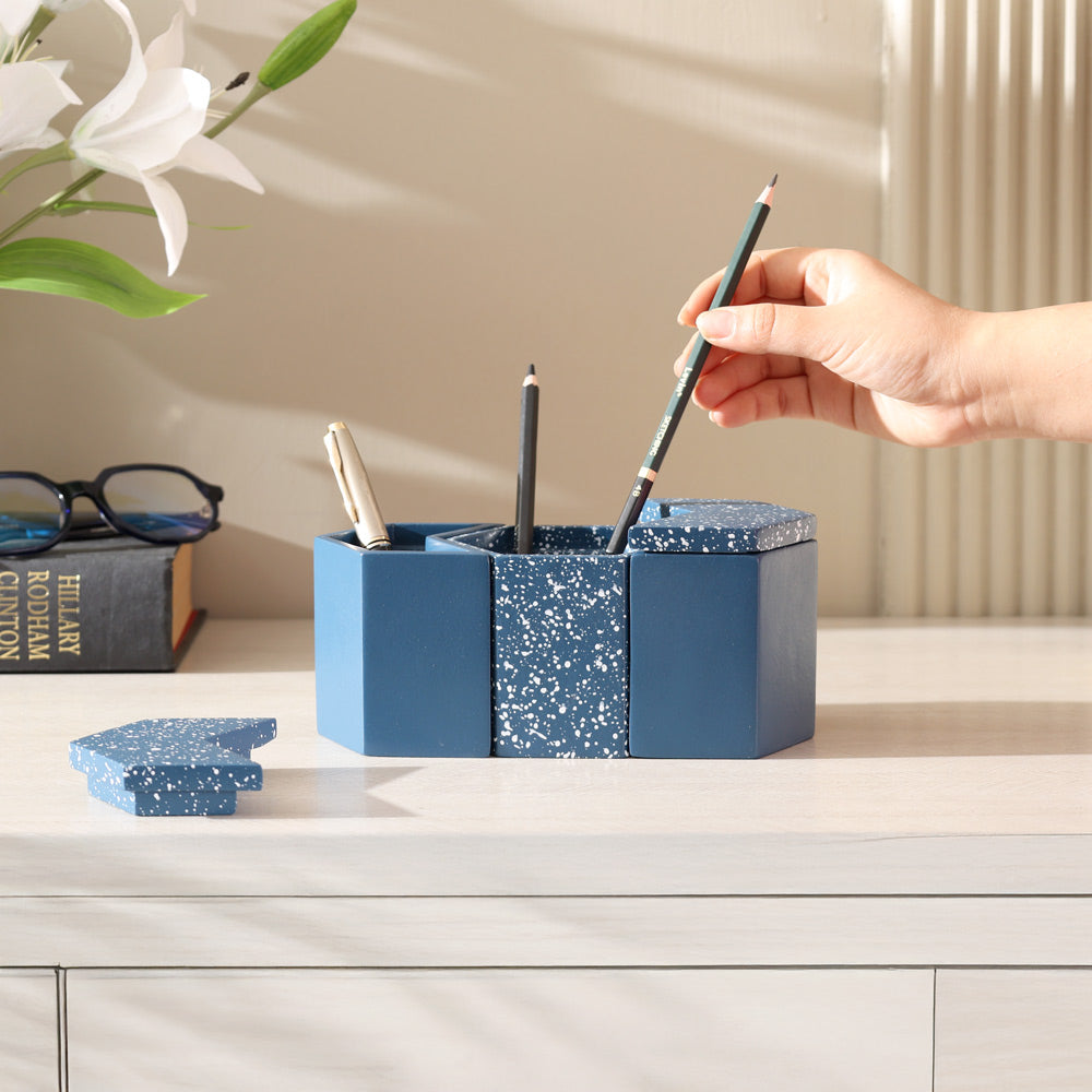 Trio Speckled Pen Holder & Organiser - Blue