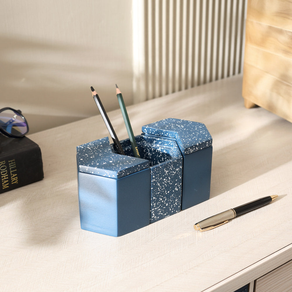Trio Speckled Pen Holder & Organiser - Blue