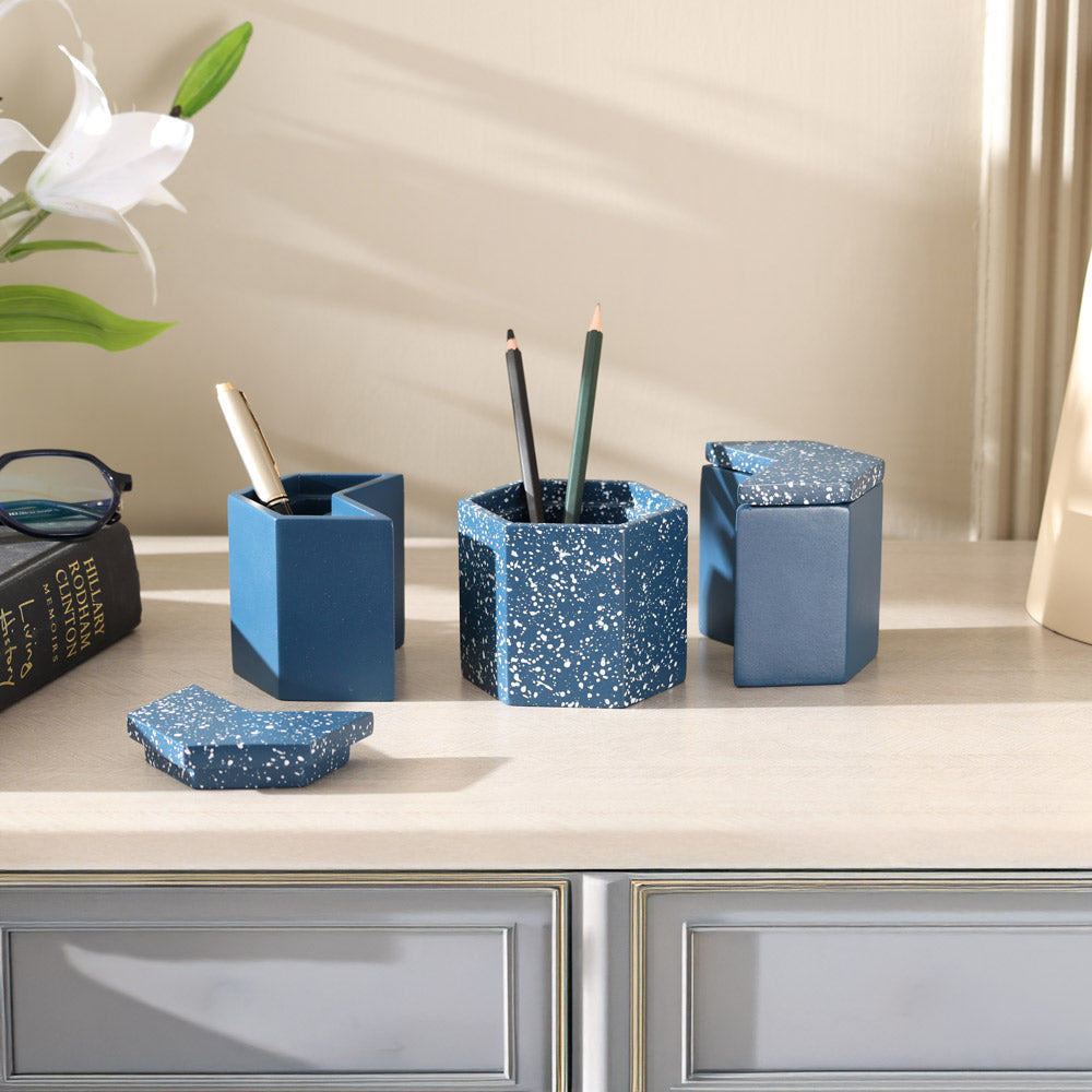 Trio Speckled Pen Holder & Organiser - Blue