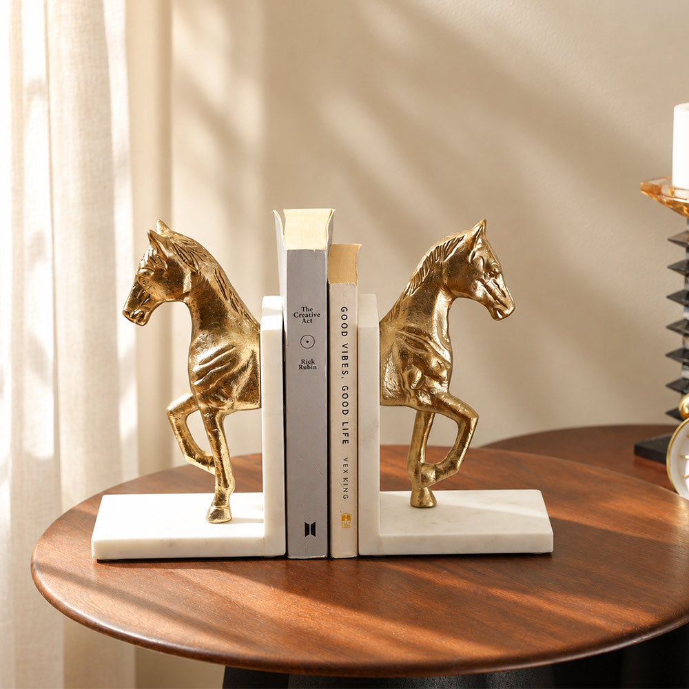 Trotting Horse Metal & Marble Bookends, Set of 2 - Brass White