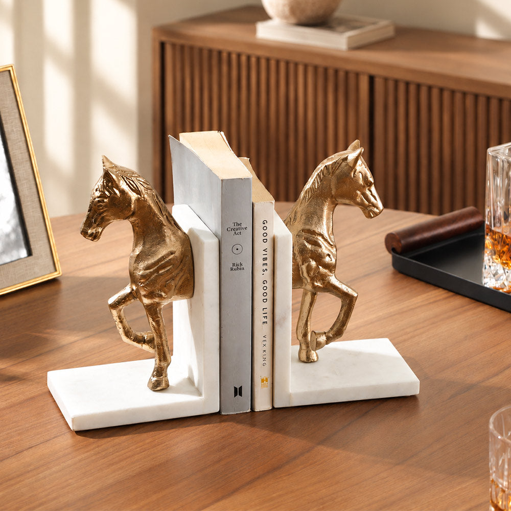Trotting Horse Metal & Marble Bookends, Set of 2 - Brass White