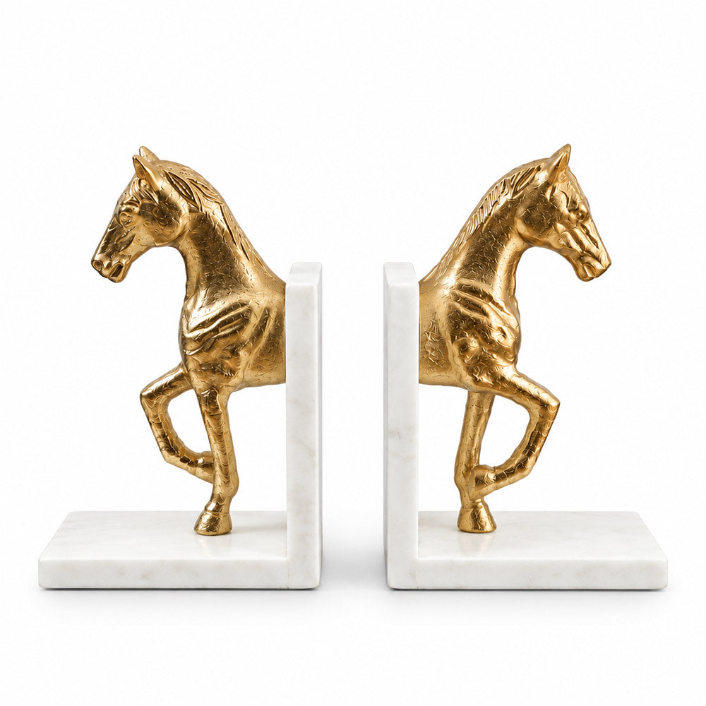 Trotting Horse Metal & Marble Bookends, Set of 2 - Brass White