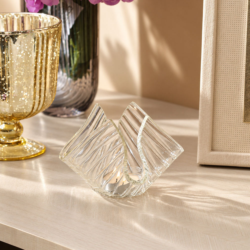 Tulipe Glass Candle Holder Small - Clear Ribbed