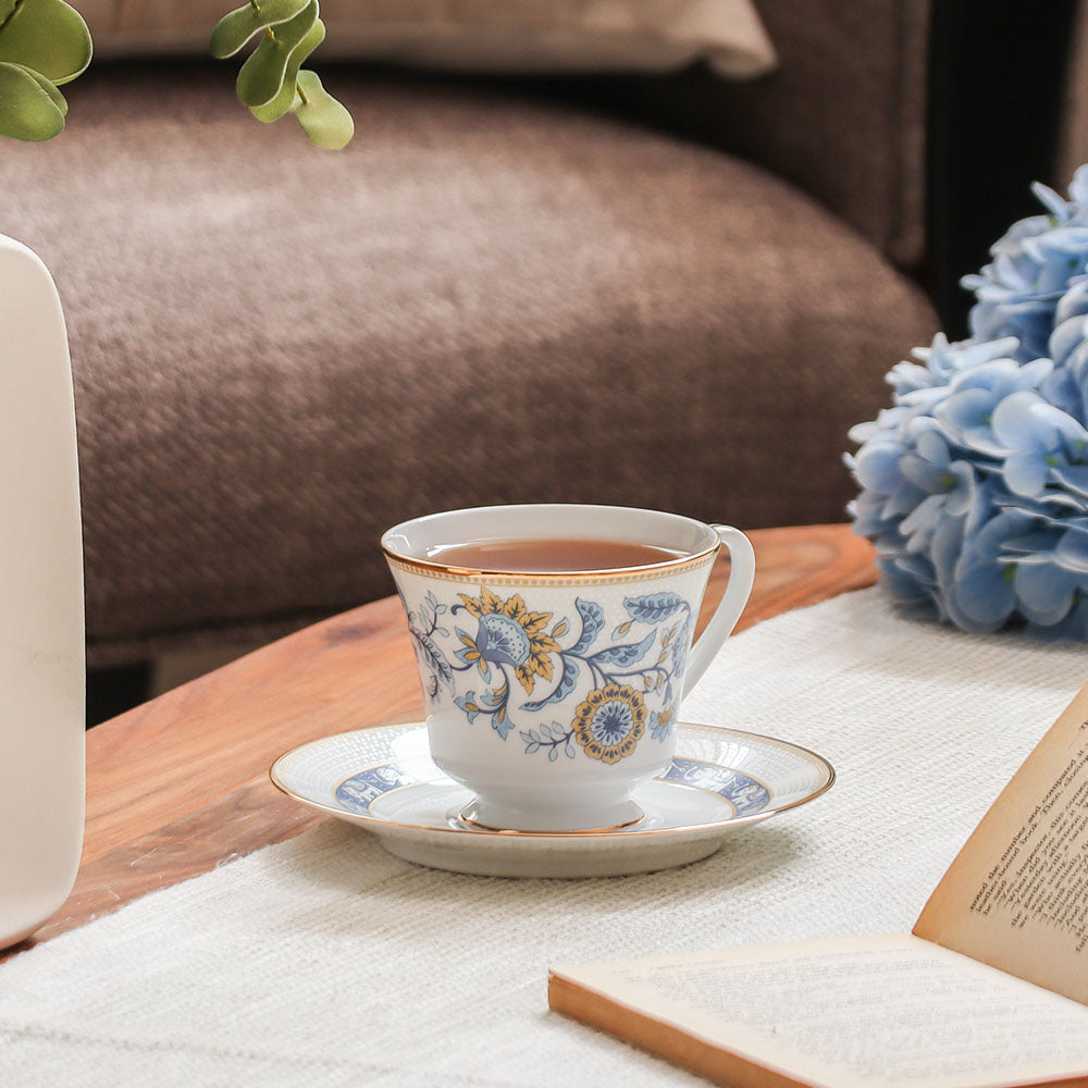 Tusker Porcelain Cup & Saucer, Set of 6 - Blue