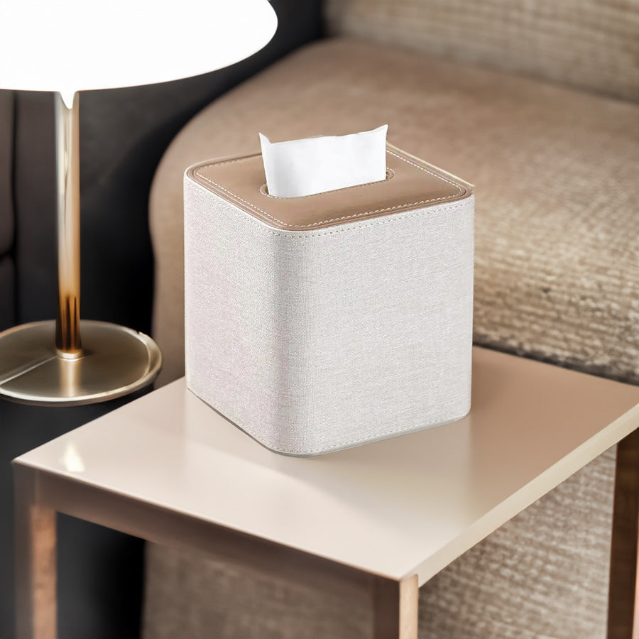 Two-Tone Square Tissue Box Holder - Beige Brown