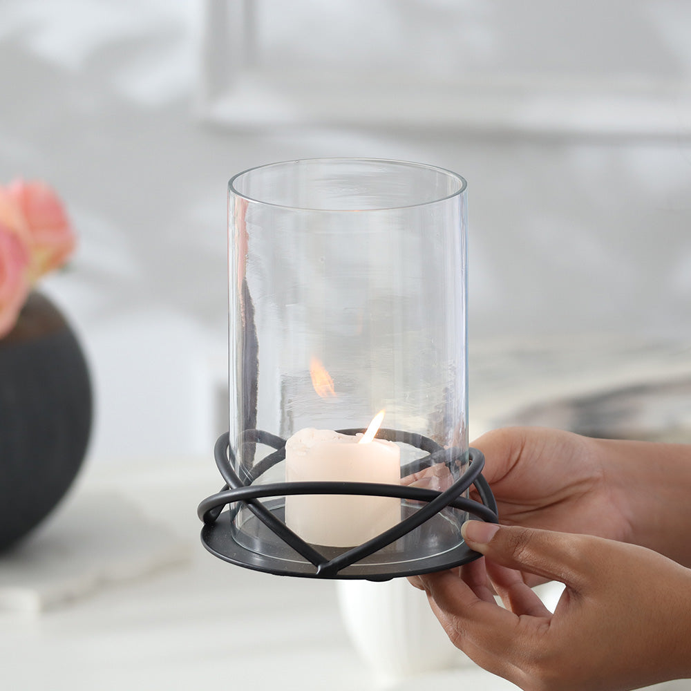 Valar Glass Hurricane with Metal Stand - Black