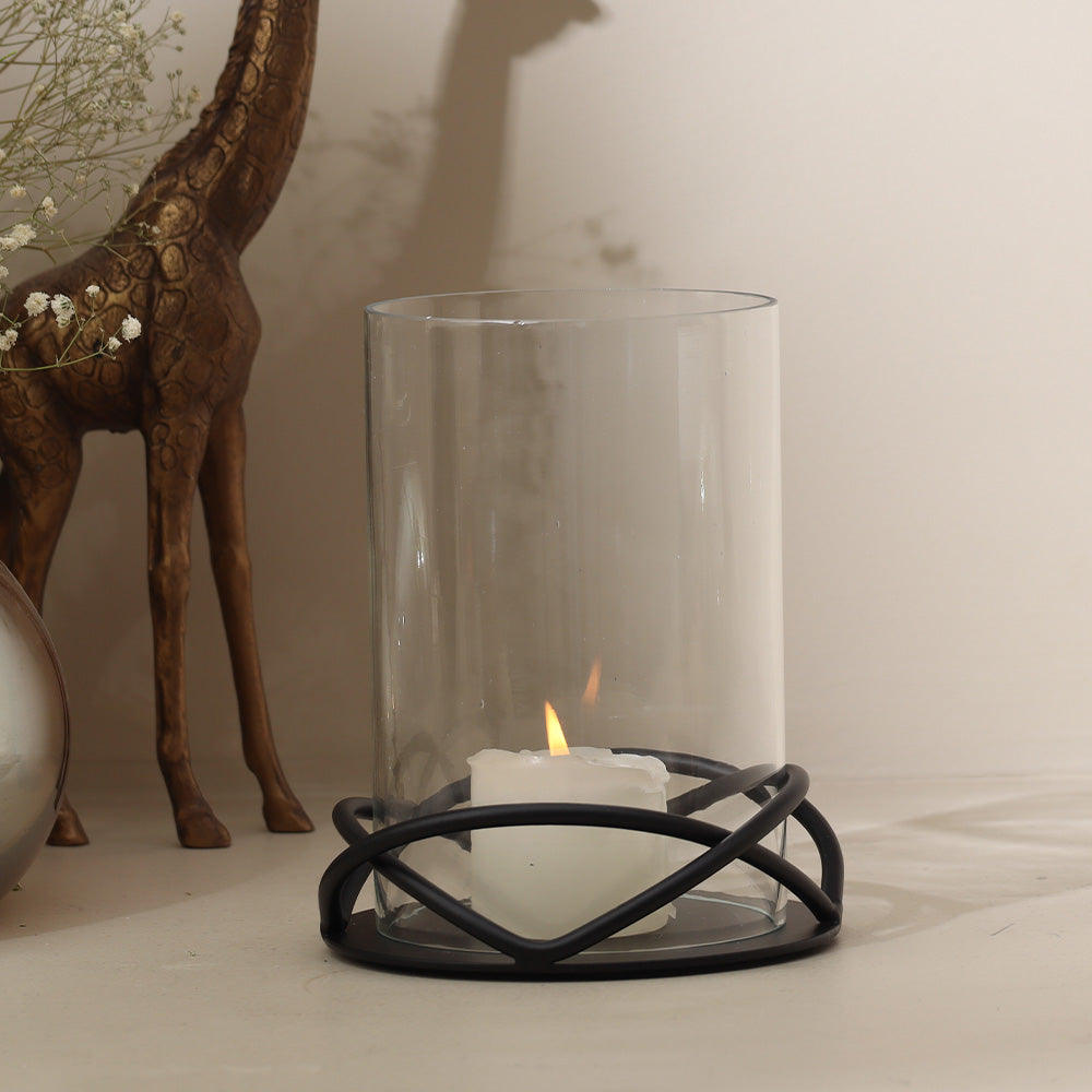 Valar Glass Hurricane with Metal Stand - Black