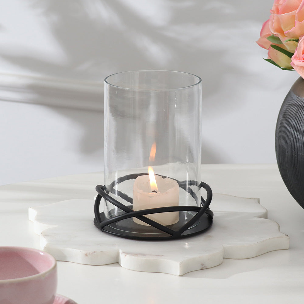 Valar Glass Hurricane with Metal Stand - Black