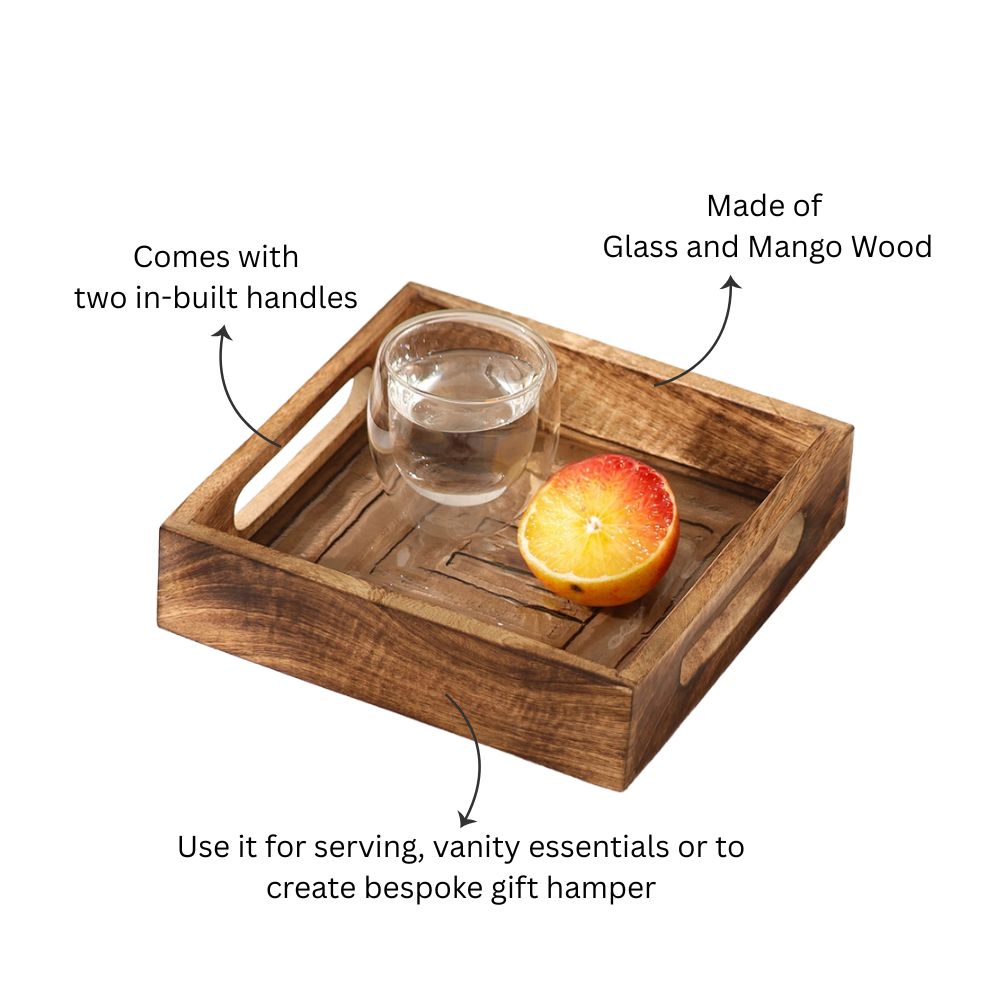 Vara Glass & Wood Square Serving Tray Mini - Natural Brown