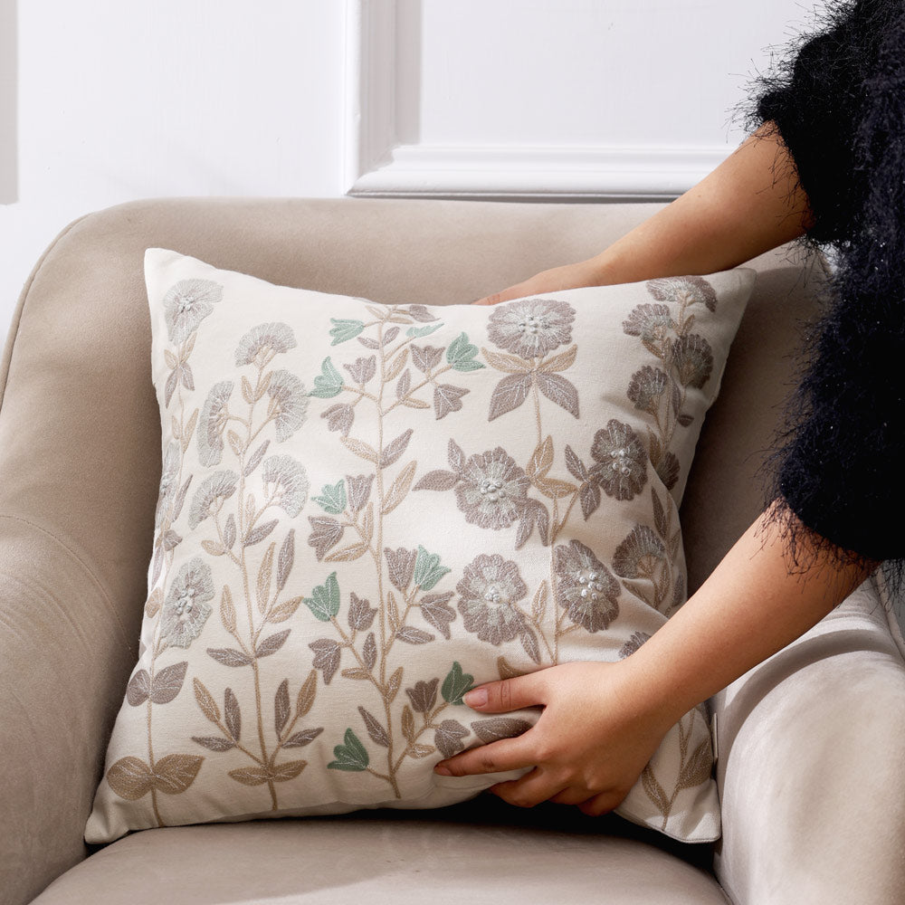 Vera Embroidered Cushion Cover 45x45cm - Earthy Cream