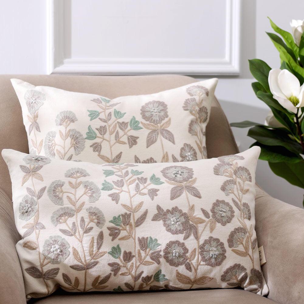 Vera Rectangular Embroidered Cushion Cover 50x30cm - Earthy Cream