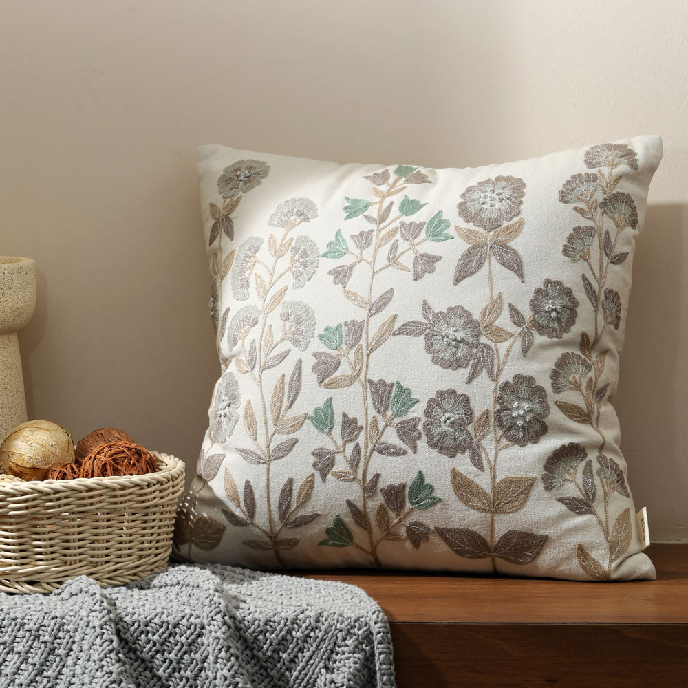 Vera Embroidered Cushion Cover 45x45cm - Earthy Cream