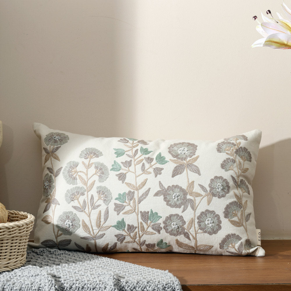 Vera Rectangular Embroidered Cushion Cover 50x30cm - Earthy Cream