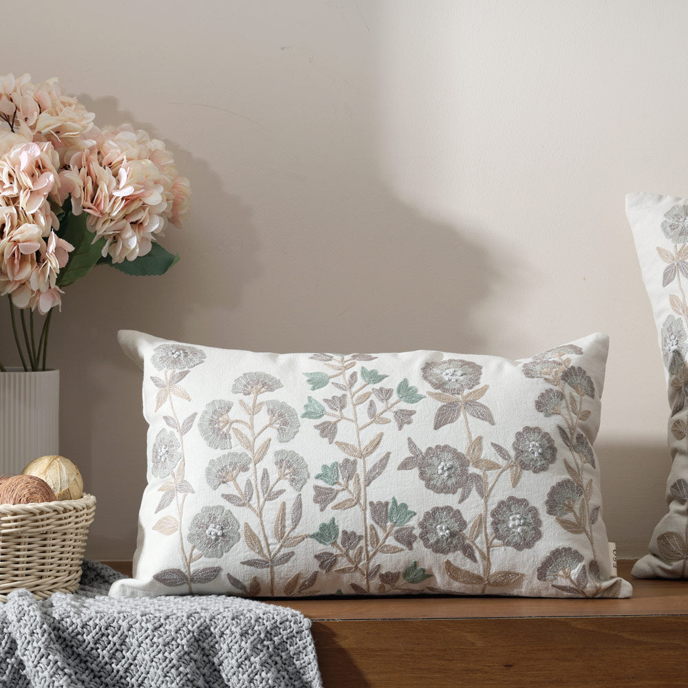 Vera Rectangular Embroidered Cushion Cover 50x30cm - Earthy Cream