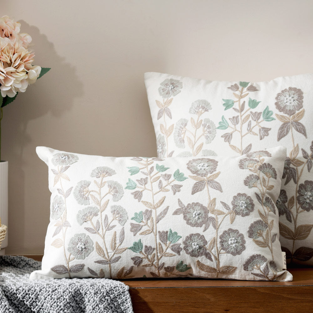 Vera Rectangular Embroidered Cushion Cover 50x30cm - Earthy Cream