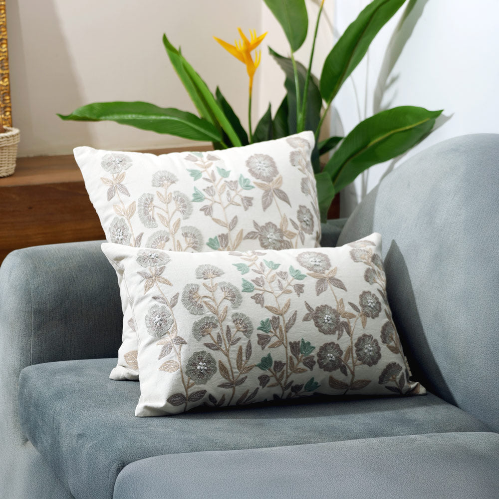 Vera Rectangular Embroidered Cushion Cover 50x30cm - Earthy Cream