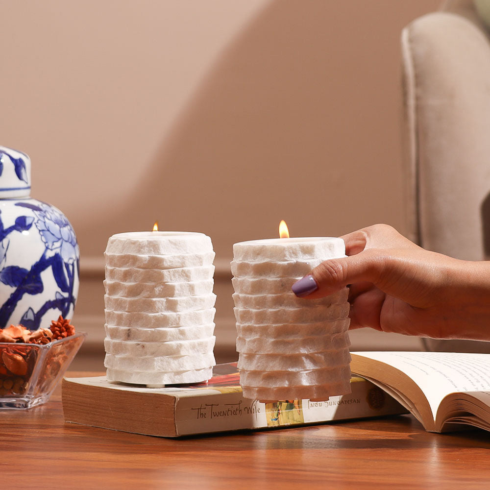 Verona Marble Tealight Stands, Set of 2 - White