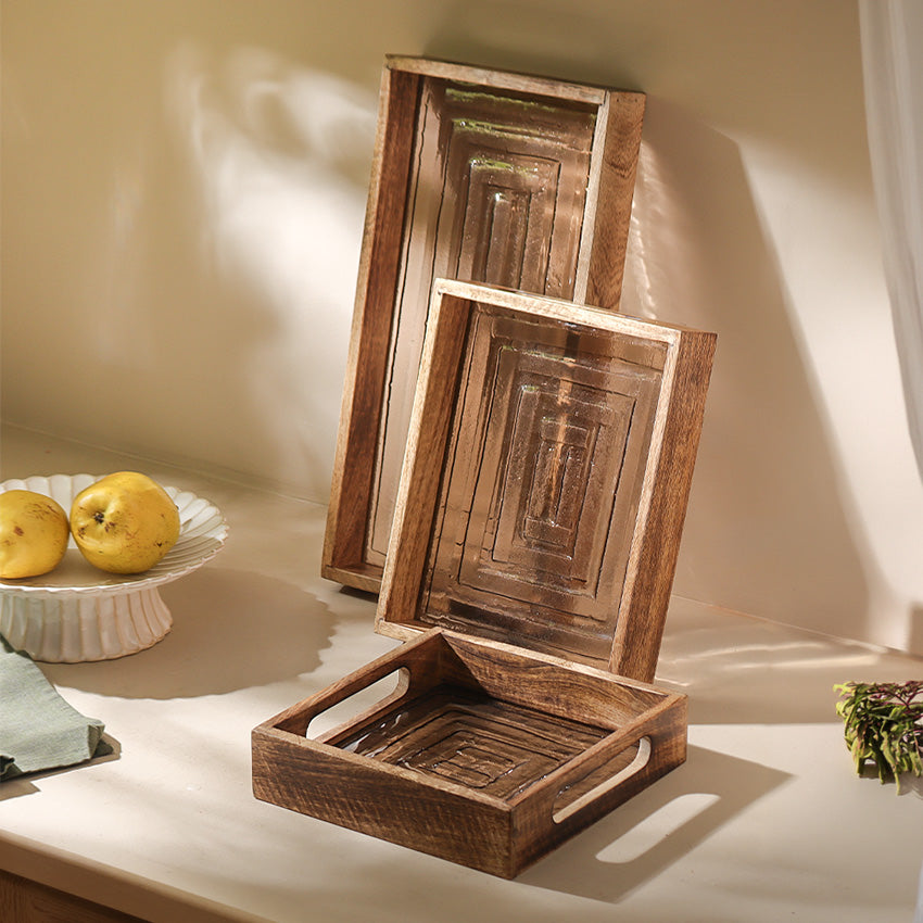 Vara Glass & Wood Serving Tray Medium - Natural Brown
