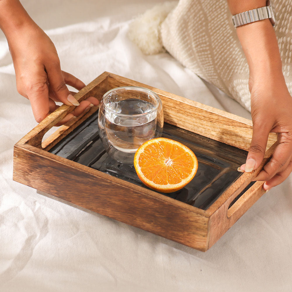 Vara Glass & Wood Serving Tray Small - Natural Black