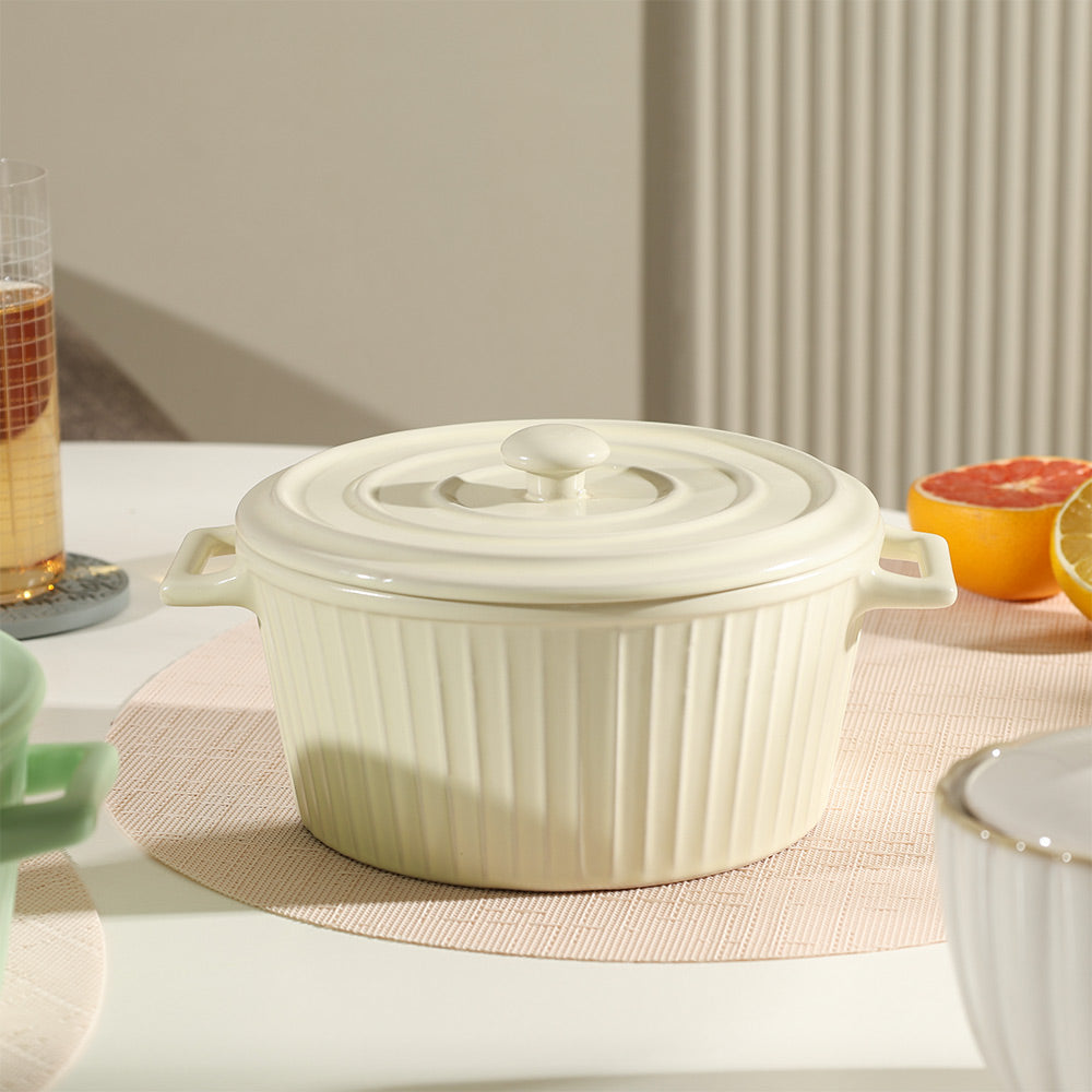 Vida Ceramic Fluted Serving Pot with Lid - Cream