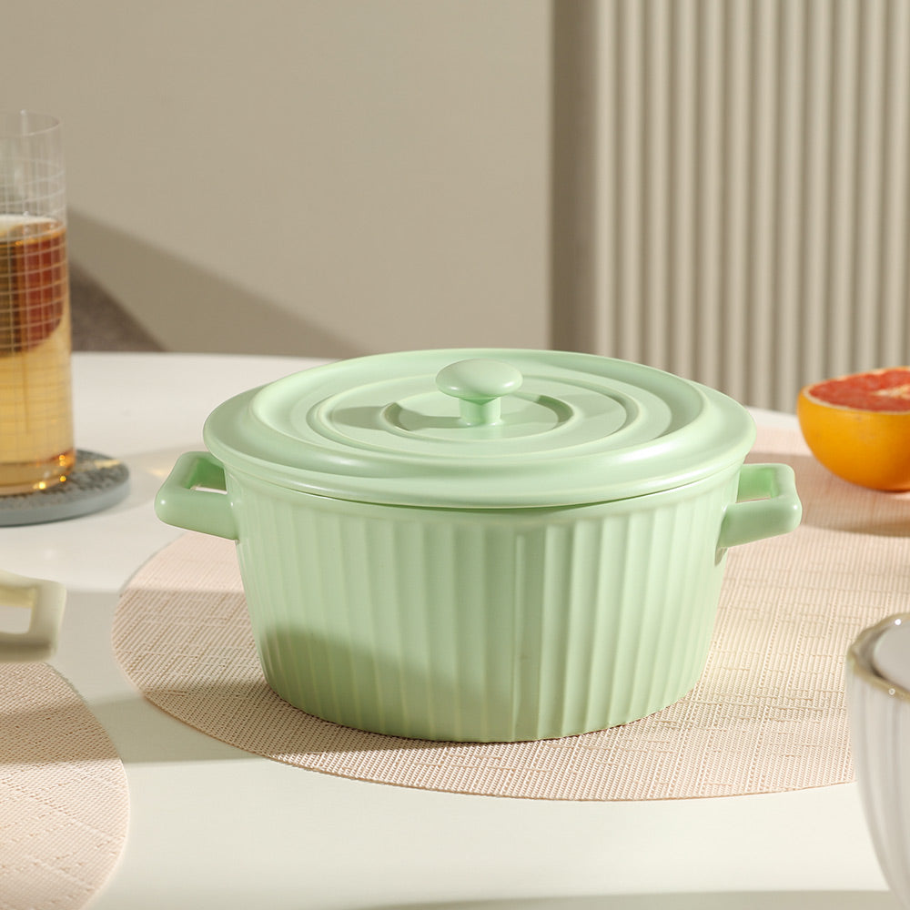 Vida Ceramic Fluted Serving Pot with Lid - Mint