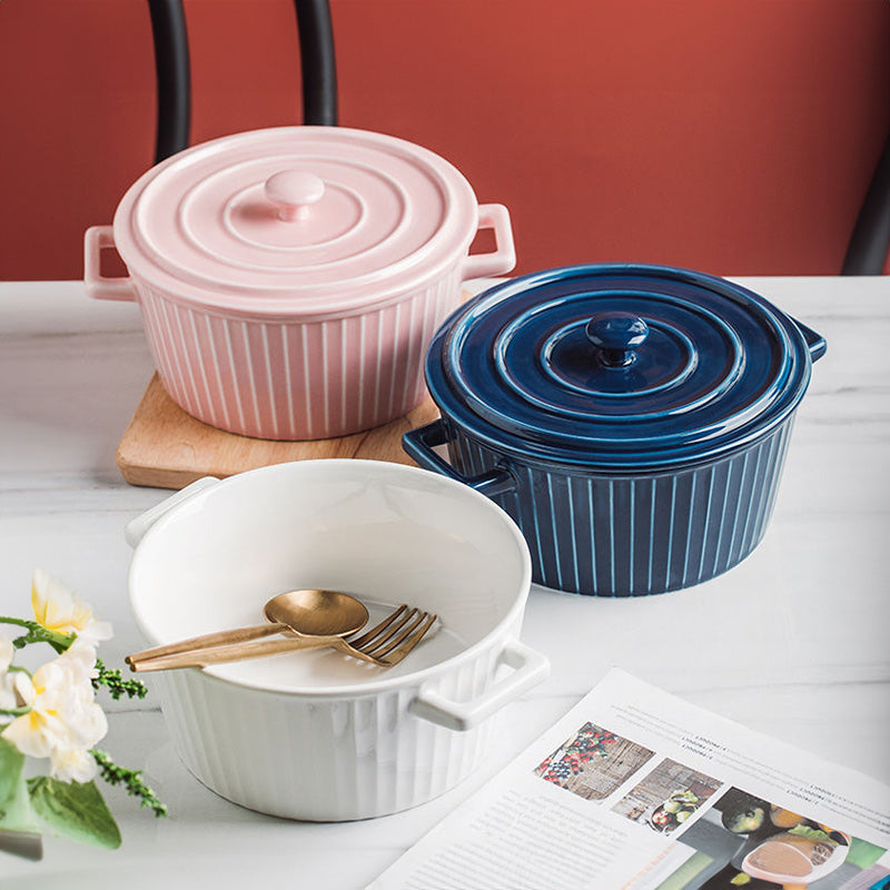 Vida Ceramic Fluted Serving Pot with Lid - Navy